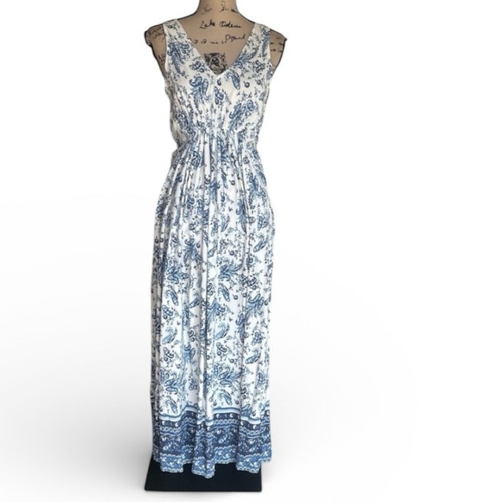 Lucky Brand Paisley Floral Sleeveless Maxi Length White Blue Dress Size XS